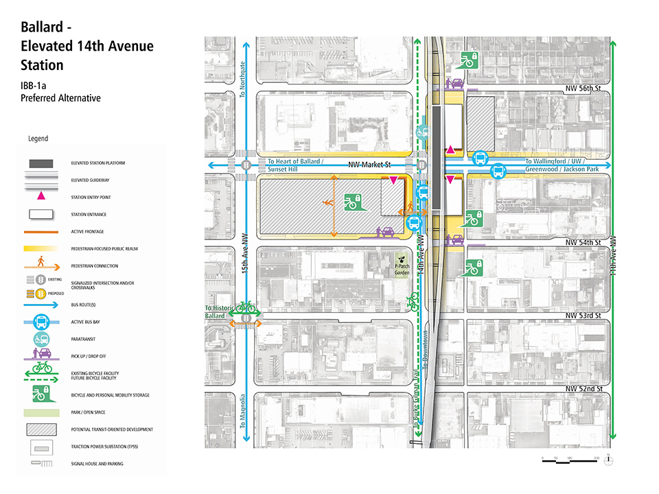 A map describes how pedestrians, bus riders, streetcar riders, bicyclists, and drivers could access the Ballard – Elevated Fourteenth Avenue Station.